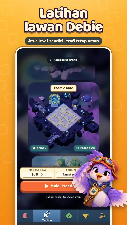 Pengaturan latihan melawan Debie: tingkat soal, skill AI, dan bahasa di arena Cosmic Gate.