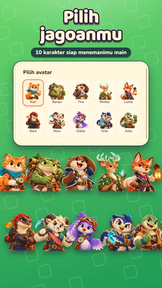 Pilihan sepuluh avatar karakter Crosswold, dari Kori si kucing hingga Asta si kura-kura.